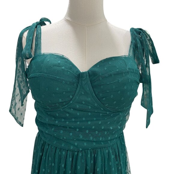 Green Swiss Dot Tie Strap Midi Dress Romantic Coquette Cottagecore Fairycore L - Picture 9 of 11